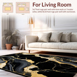 Ultra Soft Area Rug, Non Slip, Stain Resistant, Washable Area Rugs for Living Room, Bedroom, Opulent Golden Marble Aesthetic(Black)