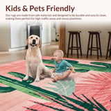 Ultra Soft Area Rug, Non Slip, Stain Resistant, Washable Area Rugs for Living Room, Bedroom, Contemporary Lively Cactus Print(Pink)