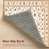 Ultra Soft Area Rug, Non Slip, Stain Resistant, Washable Area Rugs for Living Room, Bedroom, Retro Beige Low Pile Intricate Floral Motifs(Ivory)