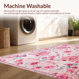 Ultra Soft Area Rug, Non Slip, Stain Resistant, Washable Area Rugs for Living Room, Bedroom, Boho Pastel Floral Kids Room Washable Rug(Pink)