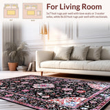 Ultra Soft Area Rug, Non Slip, Stain Resistant, Washable Area Rugs for Living Room, Bedroom, Rustic Tiled Floral Arrangement(Black)