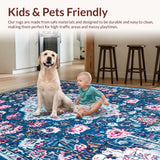 Ultra Soft Area Rug, Non Slip, Stain Resistant, Washable Area Rugs for Living Room, Bedroom, Rustic Floral Tiled Arrangement(Blue)