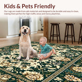 Ultra Soft Area Rug, Non Slip, Stain Resistant, Washable Area Rugs for Living Room, Bedroom, Floral Boho with Smoke & Beige Flair(Dark Green)