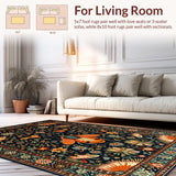 Ultra Soft Area Rug, Non Slip, Stain Resistant, Washable Area Rugs for Living Room, Bedroom, Intricate Nature-Inspired Floral Motif(Black)