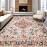 Ultra Soft Area Rug, Non Slip, Stain Resistant, Washable Area Rugs for Living Room, Bedroom, Moora Distressed Vintage Rug with Peach Blush Medallion and Black Highlights(White)