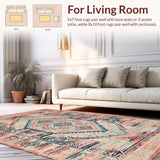 Ultra Soft Area Rug, Non Slip, Stain Resistant, Washable Area Rugs for Living Room, Bedroom, Machine Washable Low Pile Area Rug, Distressed Boho Chic Design(Red)