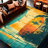 Ultra Soft Area Rug, Non Slip, Stain Resistant, Washable Area Rugs for Living Room, Bedroom, Rustic Summer Surfboard Bath Rug with Palm Tree Artwork on Weathered Wood(Blue)