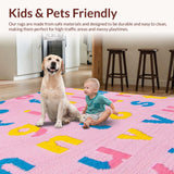 Ultra Soft Area Rug, Non Slip, Stain Resistant, Washable Area Rugs for Living Room, Bedroom, Lively Thematic Numbers and Animals Pattern(Pink)