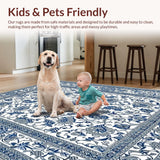 Ultra Soft Area Rug, Non Slip, Stain Resistant, Washable Area Rugs for Living Room, Bedroom, Artistic Light Grey Scroll Elements(Blue)