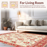 Ultra Soft Area Rug, Non Slip, Stain Resistant, Washable Area Rugs for Living Room, Bedroom, Red and Beige Sunburst Floral Area(Ivory)