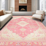 Ultra Soft Area Rug, Non Slip, Stain Resistant, Washable Area Rugs for Living Room, Bedroom, Delicate Tiled Vintage Influence(Pink)