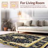 Ultra Soft Area Rug, Non Slip, Stain Resistant, Washable Area Rugs for Living Room, Bedroom, Oushak with Dark Navy and Gold Details(Black)