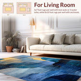 Ultra Soft Area Rug, Non Slip, Stain Resistant, Washable Area Rugs for Living Room, Bedroom, Aurora Flow Rug with Abstract Colorfields and Geometric Blue Gold Accents(Blue)