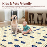Ultra Soft Area Rug, Non Slip, Stain Resistant, Washable Area Rugs for Living Room, Bedroom, Artisan Filigree Area Featuring Classic Lattice and Blue Floral Accents(Beige)