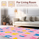 Ultra Soft Area Rug, Non Slip, Stain Resistant, Washable Area Rugs for Living Room, Bedroom, Lively Thematic Numbers and Animals Pattern(Pink)