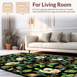 Ultra Soft Area Rug, Non Slip, Stain Resistant, Washable Area Rugs for Living Room, Bedroom, Vibrant Floral Motif on Black(White)