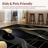 Ultra Soft Area Rug, Non Slip, Stain Resistant, Washable Area Rugs for Living Room, Bedroom, Modern Abstract Area Rug Featuring Black and Gold Geometric Waves(Black)