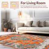 Ultra Soft Area Rug, Non Slip, Stain Resistant, Washable Area Rugs for Living Room, Bedroom, Luxurious Distressed Floral Medallion Touch(Orange)