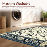 Ultra Soft Area Rug, Non Slip, Stain Resistant, Washable Area Rugs for Living Room, Bedroom, Chateau Collection Azure Bloom Dark Blue Beige Botanical Scrollwork(Ivory)