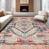 Ultra Soft Area Rug, Non Slip, Stain Resistant, Washable Area Rugs for Living Room, Bedroom, Machine Washable Low Pile Area Rug, Distressed Boho Chic Design(Red)