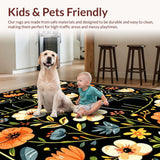 Ultra Soft Area Rug, Non Slip, Stain Resistant, Washable Area Rugs for Living Room, Bedroom, Playful Feline Floral Aesthetic(Black)