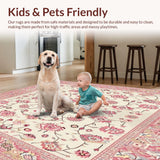 Ultra Soft Area Rug, Non Slip, Stain Resistant, Washable Area Rugs for Living Room, Bedroom, Retro Beige Ornamental Floral and Ethnic Boho Accents(Ivory)