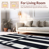 Ultra Soft Area Rug, Non Slip, Stain Resistant, Washable Area Rugs for Living Room, Bedroom, Modern Stripe Fusion Rug with Bold Contrasting Bands and Minimalist Linear Art(Black)