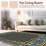 Ultra Soft Area Rug, Non Slip, Stain Resistant, Washable Area Rugs for Living Room, Bedroom, Elegant Geometric Area Featuring Blue and Gold Floral(Blue)