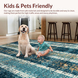 Ultra Soft Area Rug, Non Slip, Stain Resistant, Washable Area Rugs for Living Room, Bedroom, Boho Surfboard Vibes Rug with Hand Drawn Patterns in Indigo and Sunset Gold(Blue)