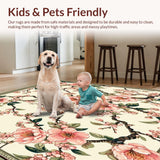 Ultra Soft Area Rug, Non Slip, Stain Resistant, Washable Area Rugs for Living Room, Bedroom, Pastel Boho Pink Cherry Blossoms Green Leafy Swirls(Ivory)