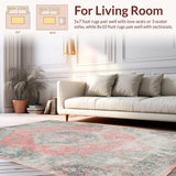 Ultra Soft Area Rug, Non Slip, Stain Resistant, Washable Area Rugs for Living Room, Bedroom, Elegant Floral Medallion West Elm Style Rug With Distressed Vintage Look(Red)