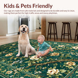 Ultra Soft Area Rug, Non Slip, Stain Resistant, Washable Area Rugs for Living Room, Bedroom, Refined Dark Green Floral Arrangement(Green)