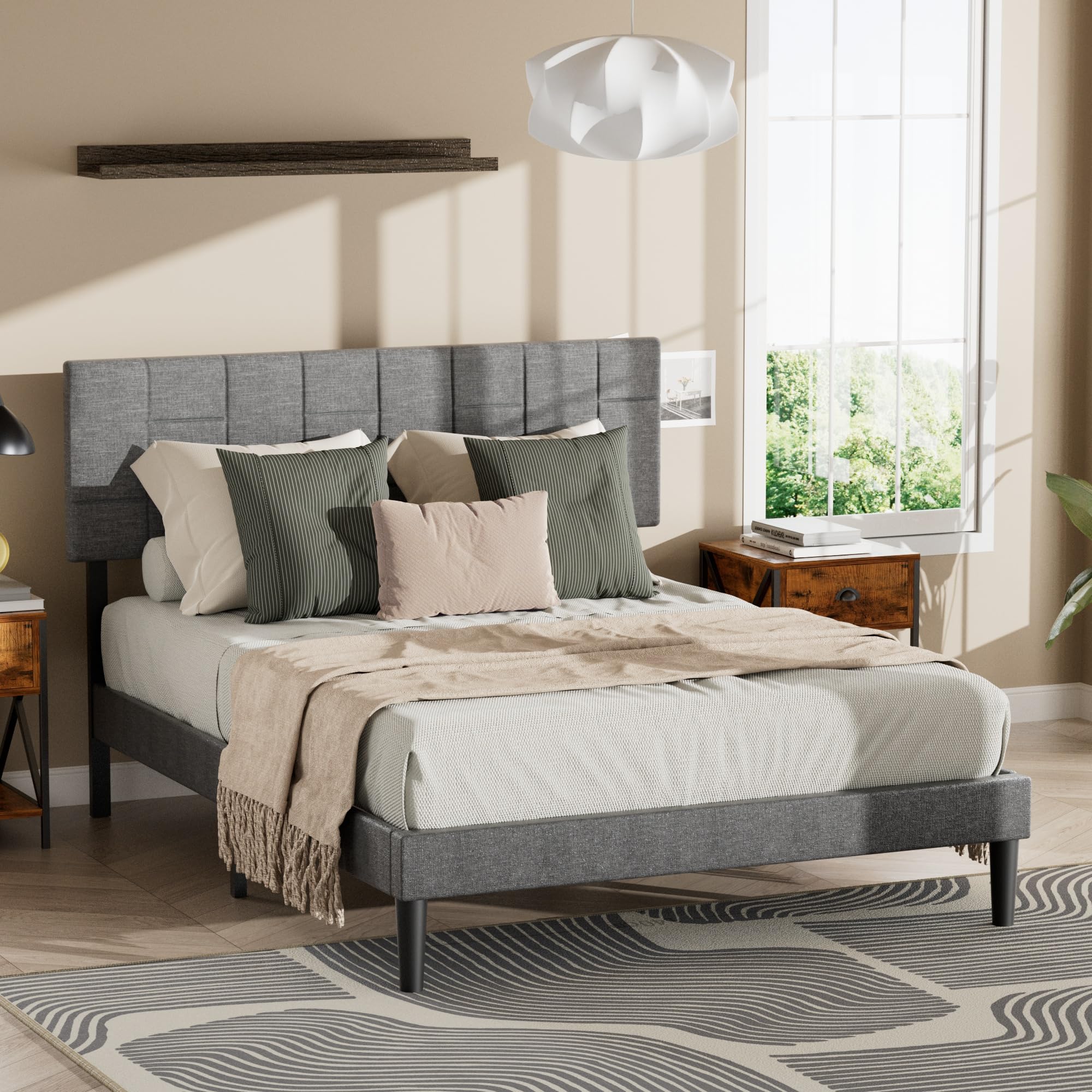 ODIKA Gray Low Profile Upholstered Platform Bed Frame (Full)