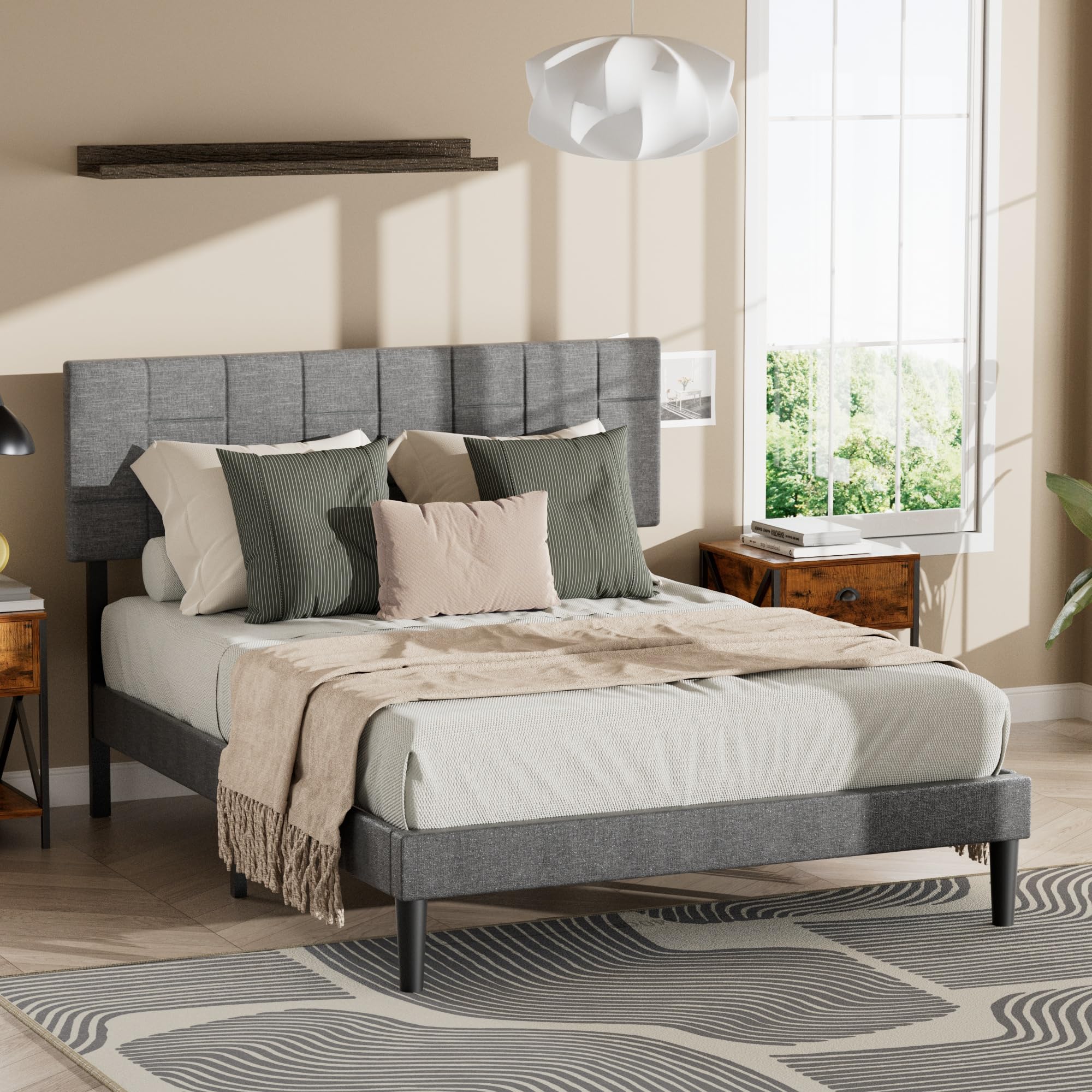 Marco de cama con plataforma tapizada de perfil bajo gris ODIKA (completo)