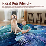 Ultra Soft Area Rug, Non Slip, Stain Resistant, Washable Area Rugs for Living Room, Bedroom, Nautical Fantasy Rug Showcasing Jellyfish and Ocean Foam in Artistic Waves(Blue)