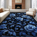 Ultra Soft Area Rug, Non Slip, Stain Resistant, Washable Area Rugs for Living Room, Bedroom, Elegant Black Floral Area Intricate Petals(Blue)