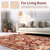 Ultra Soft Area Rug, Non Slip, Stain Resistant, Washable Area Rugs for Living Room, Bedroom, Sophisticated Vintage Floral Aesthetic(Red)