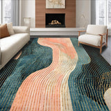 Ultra Soft Area Rug, Non Slip, Stain Resistant, Washable Area Rugs for Living Room, Bedroom, Minimalist Lightweight Rug Showcasing Peach Waves and Gold Geometric Forms(Blue)