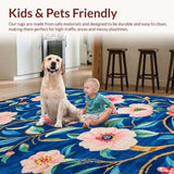 Ultra Soft Area Rug, Non Slip, Stain Resistant, Washable Area Rugs for Living Room, Bedroom, Lively Floral Tiled Motif(Blue)