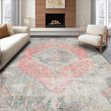 Ultra Soft Area Rug, Non Slip, Stain Resistant, Washable Area Rugs for Living Room, Bedroom, Elegant Floral Medallion West Elm Style Rug With Distressed Vintage Look(Red)