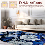 Ultra Soft Area Rug, Non Slip, Stain Resistant, Washable Area Rugs for Living Room, Bedroom, Midnight Bloom Abstract Floral Design Rug for Home Decor(Blue)