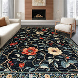 Ultra Soft Area Rug, Non Slip, Stain Resistant, Washable Area Rugs for Living Room, Bedroom, Chic Rustic Floral Accents(Black)