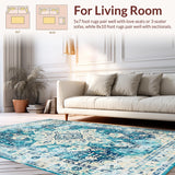 Ultra Soft Area Rug, Non Slip, Stain Resistant, Washable Area Rugs for Living Room, Bedroom, Trendy Ivory Artful Symmetrical Elements(Blue)
