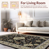 Ultra Soft Area Rug, Non Slip, Stain Resistant, Washable Area Rugs for Living Room, Bedroom, Rustic Transitional Floral Elements(Black)