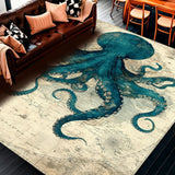 Ultra Soft Area Rug, Non Slip, Stain Resistant, Washable Area Rugs for Living Room, Bedroom, Deep Sea Creature Round Rug With Tentacle Design Nautical Chart Pattern(Blue)