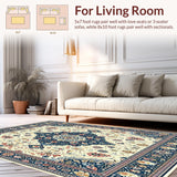 Ultra Soft Area Rug, Non Slip, Stain Resistant, Washable Area Rugs for Living Room, Bedroom, Vintage Boho Bathroom with Beige and Blue Floral Accents(Beige)