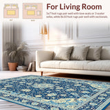 Ultra Soft Area Rug, Non Slip, Stain Resistant, Washable Area Rugs for Living Room, Bedroom, Rustic Cream and Gold Medallion(Blue)