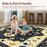 Ultra Soft Area Rug, Non Slip, Stain Resistant, Washable Area Rugs for Living Room, Bedroom, Exquisite Beige Area Featuring Abstract Floral Motifs in Navy Gold(Blue)