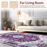 Ultra Soft Area Rug, Non Slip, Stain Resistant, Washable Area Rugs for Living Room, Bedroom, Timeless Diamond Medallion Elegance(Purple)