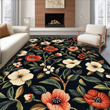 Ultra Soft Area Rug, Non Slip, Stain Resistant, Washable Area Rugs for Living Room, Bedroom, Rustic Warm Hued Floral Embellishments(Black)